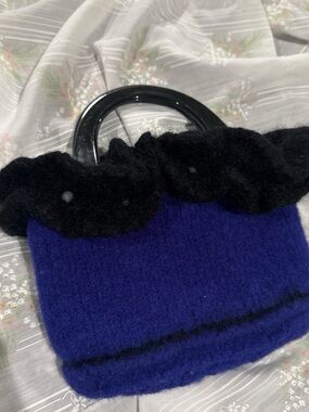 Handmade wool Blue Knit Bag with Black Ruffle and Lucite Handles